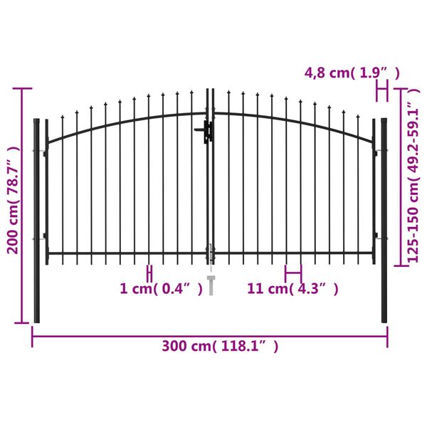vidaXL Fence Gate Double Door with Spike Top Steel 3x1.5 m Black