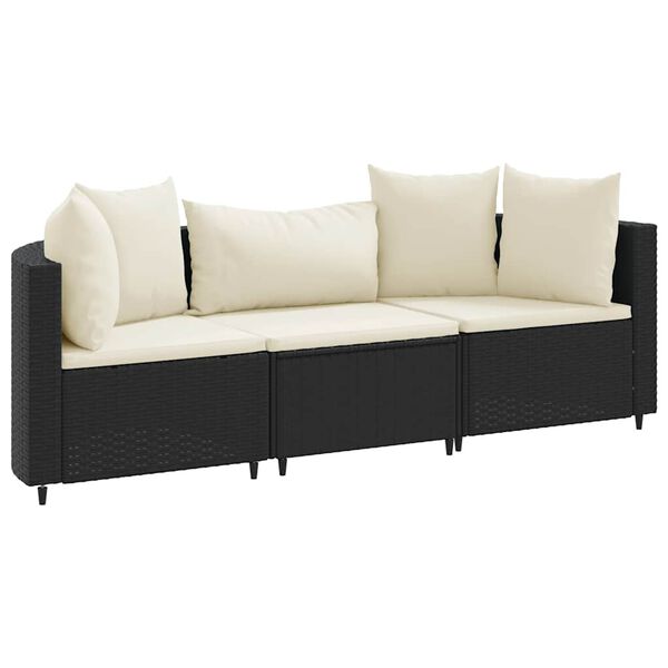 vidaXL 3 Piece Garden Sofa Set with Cushions Black Poly Rattan