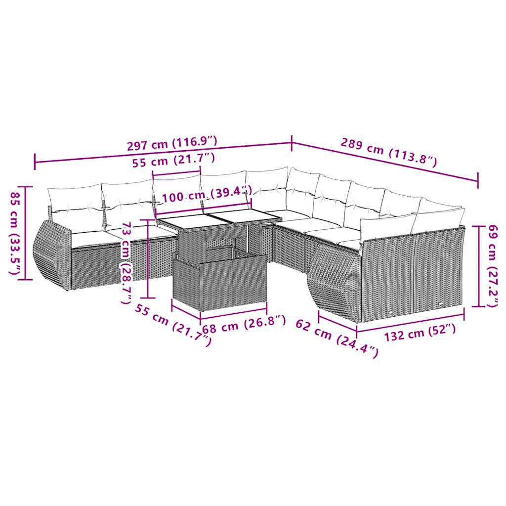 vidaXL 11 Piece Garden Sofa Set with Cushions Beige Poly Rattan