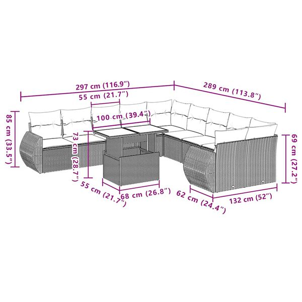 vidaXL 11 Piece Garden Sofa Set with Cushions Beige Poly Rattan
