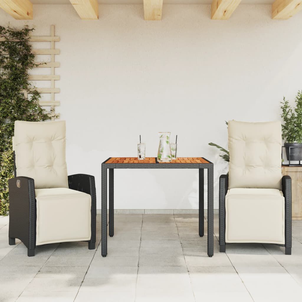 vidaXL 3 Piece Garden Dining Set with Cushions Black Poly Rattan