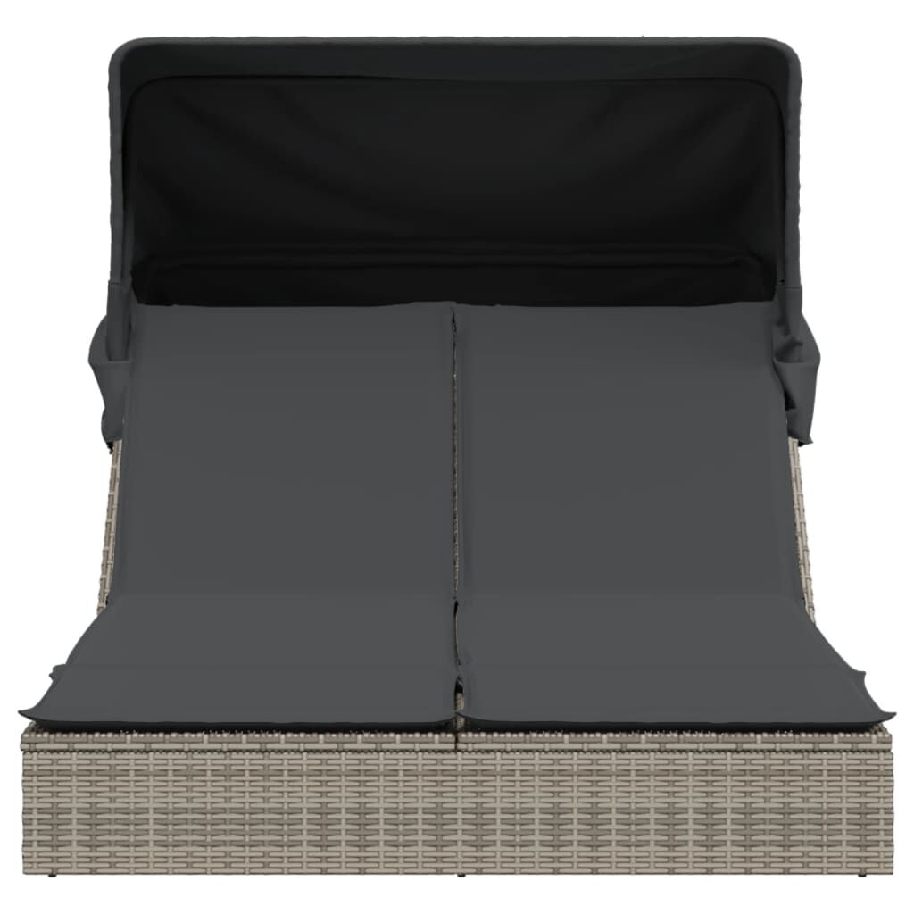 vidaXL Double Sun Lounger with Canopy and Cushions Grey Poly Rattan
