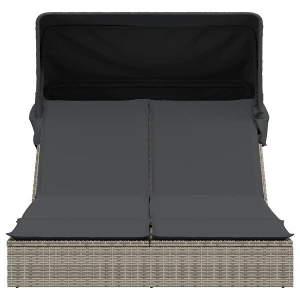 vidaXL Double Sun Lounger with Canopy and Cushions Grey Poly Rattan