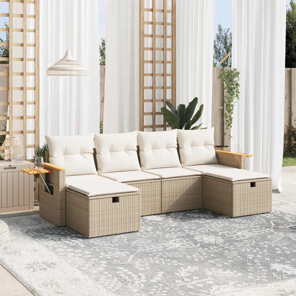 vidaXL 6 Piece Garden Sofa Set with Cushions Beige Poly Rattan