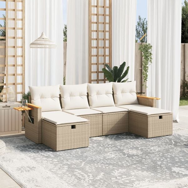 vidaXL 6 Piece Garden Sofa Set with Cushions Beige Poly Rattan