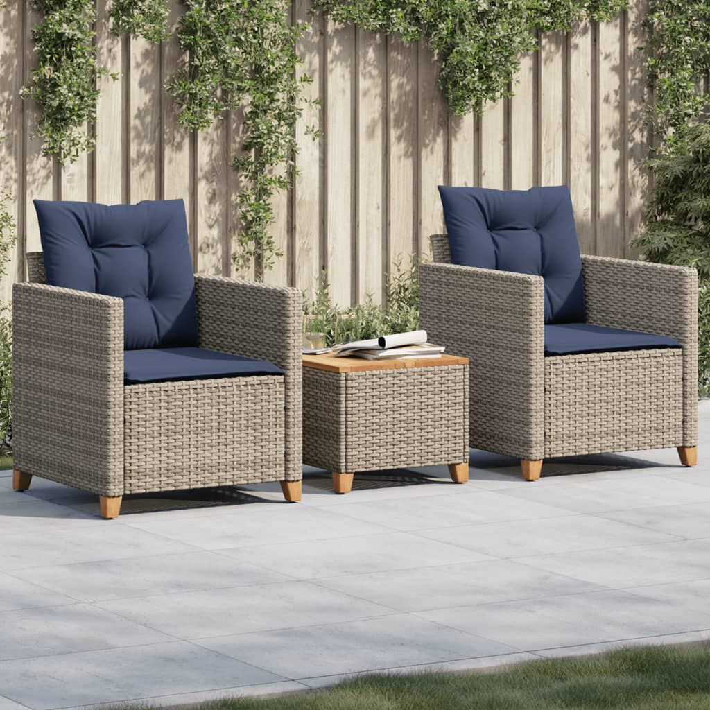 vidaXL 3 Piece Bistro Set with Cushions Grey Poly Rattan Acacia Wood