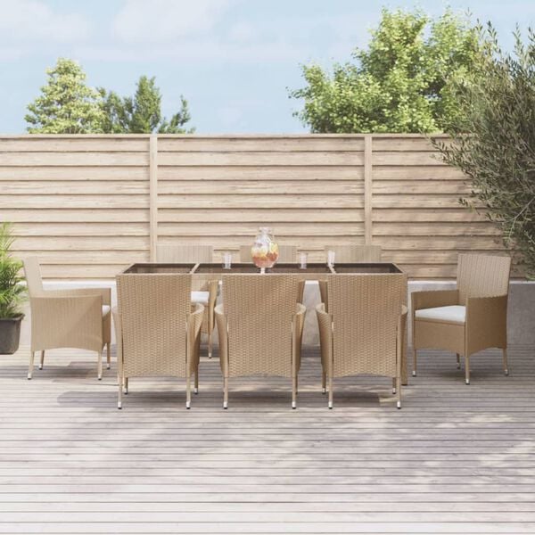 vidaXL 9 Piece Garden Dining Set with Cushions Beige Poly Rattan