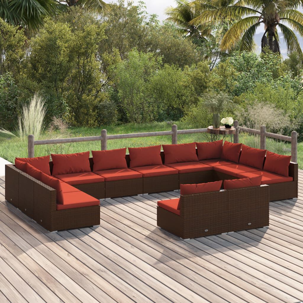 vidaXL 12 Piece Garden Lounge Set with Cushions Brown Poly Rattan