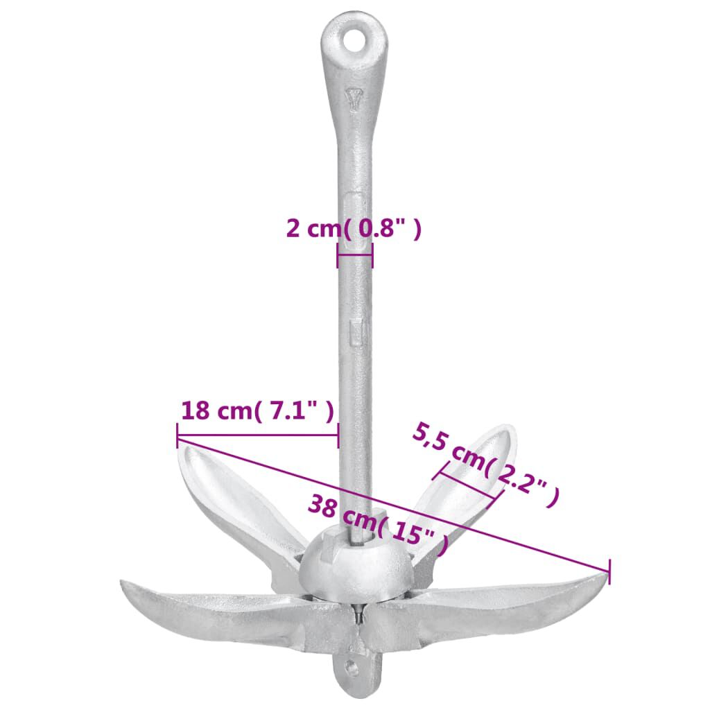vidaXL Folding Anchor with Rope Silver 4 kg Hot Dip Galvanized Cast Iron