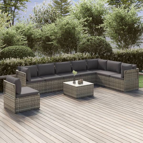 vidaXL 9 Piece Garden Lounge Set with Cushions Grey Poly Rattan