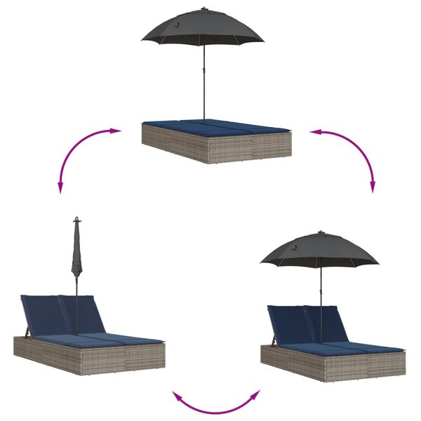 vidaXL Double Sun Lounger with Cushions&Parasol Grey Poly Rattan
