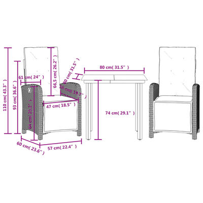 vidaXL 3 Piece Bistro Set with Cushions Grey Poly Rattan