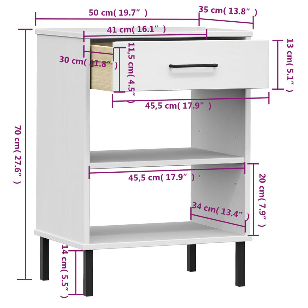 vidaXL Console Cabinet with Metal Legs White Solid Wood Pine OSLO