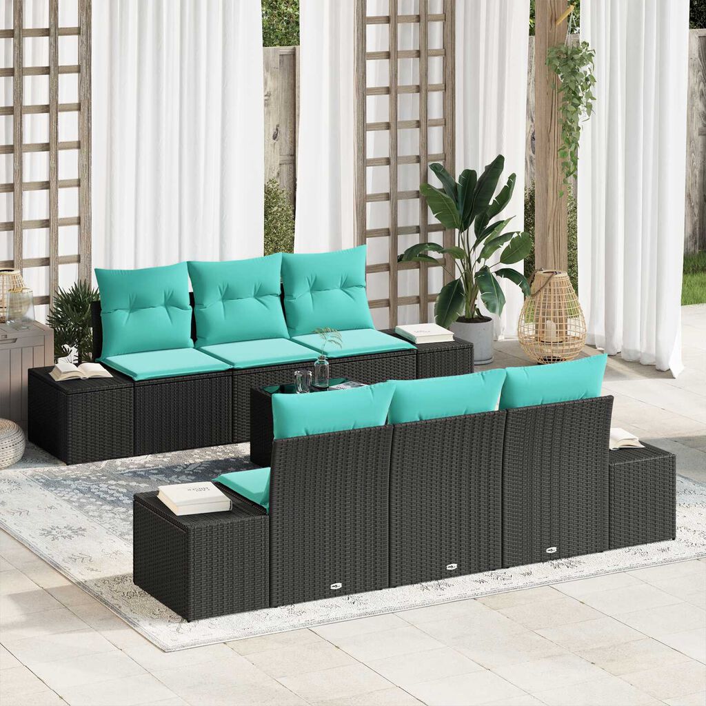 vidaXL 7 Piece Garden Sofa Set with Cushions Black Poly Rattan