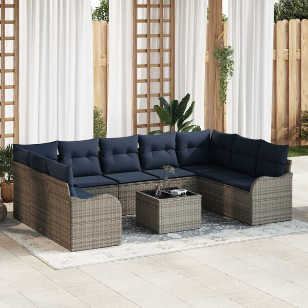 vidaXL 10 Piece Garden Sofa Set with Cushions Grey Poly Rattan