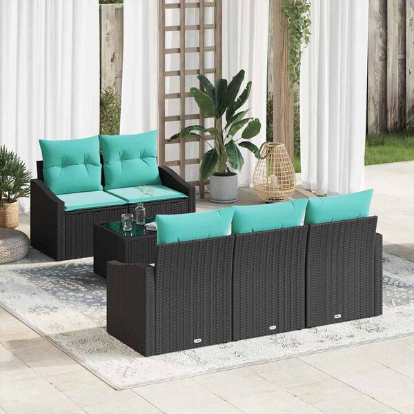 vidaXL Sofa Set with Cushion 6 pcs Black and Turquoise Poly Rattan