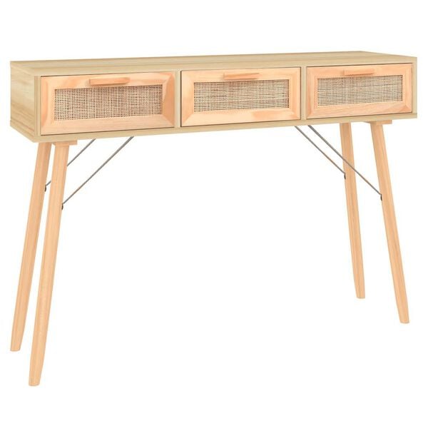 vidaXL Console Table Brown 105x30x75 cm Solid Wood Pine&Natural Rattan