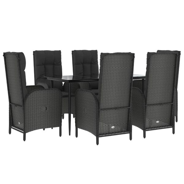 vidaXL 7 Piece Garden Dining Set with Cushions Black Poly Rattan