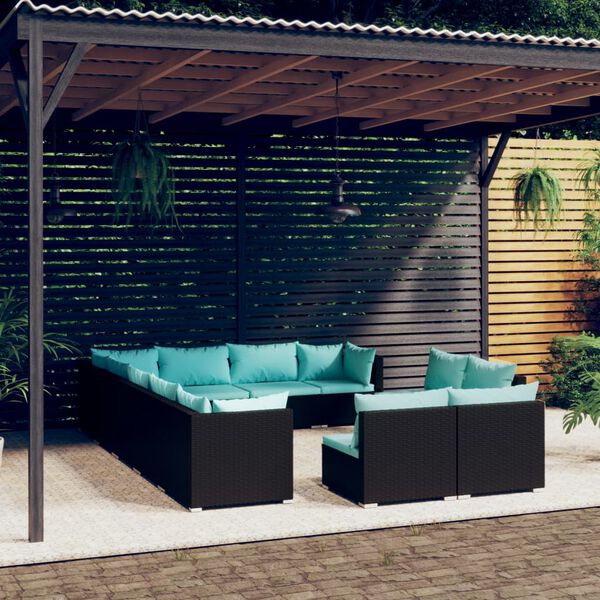 vidaXL 12 Piece Garden Lounge Set with Cushions Black Poly Rattan