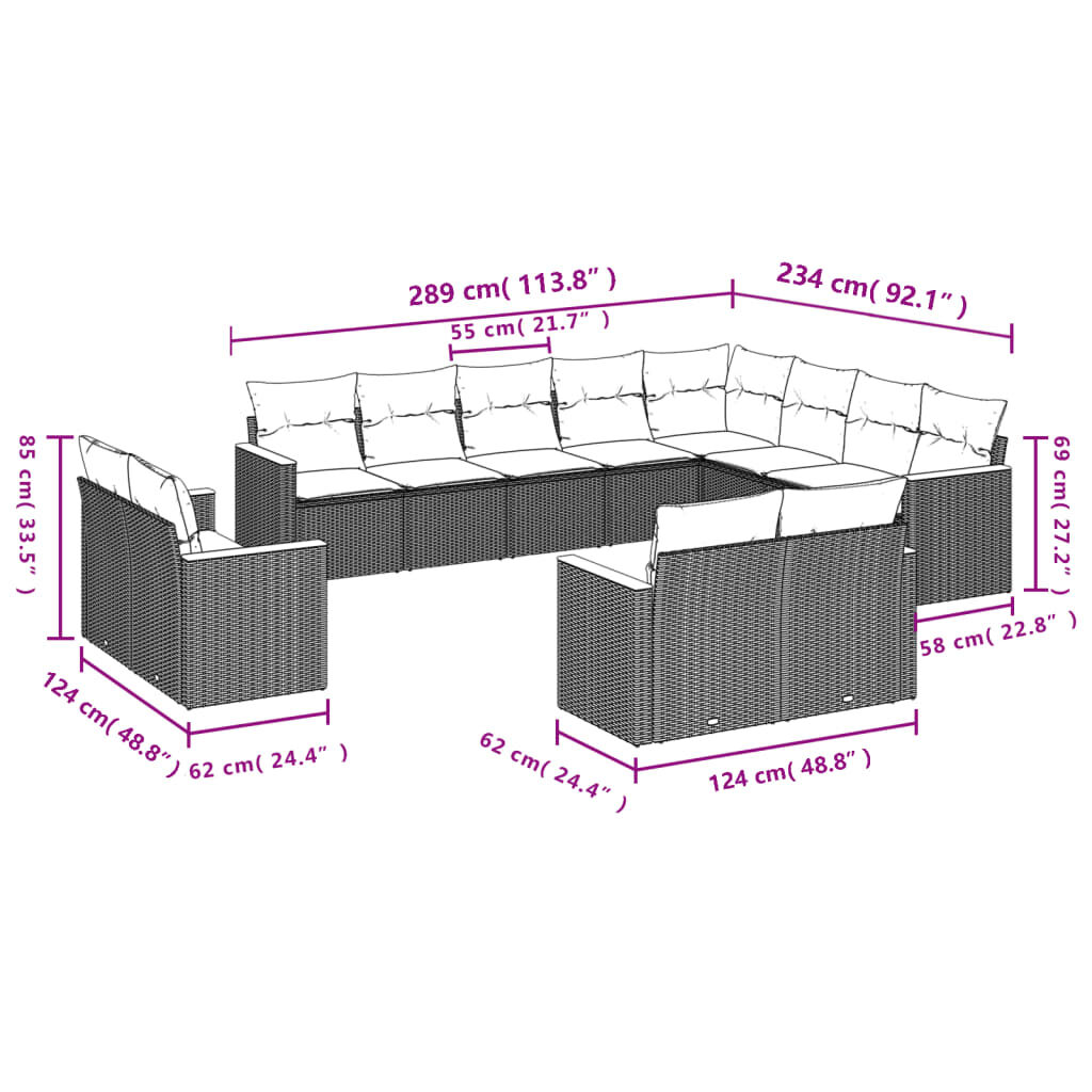 vidaXL 12 Piece Garden Sofa Set with Cushions Black Poly Rattan