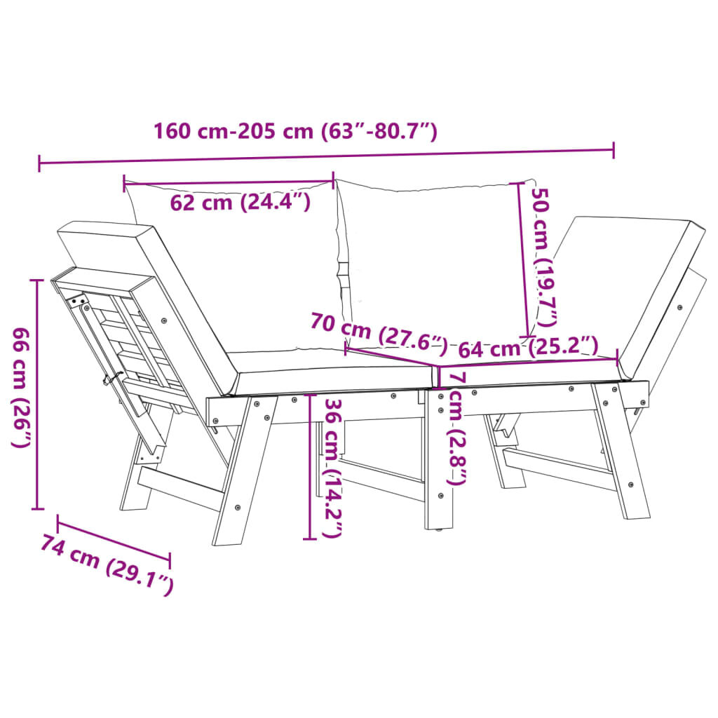vidaXL Garden Bench with Cushions 2-in-1 Solid Wood Acacia