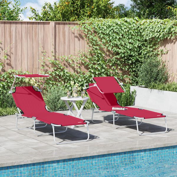 vidaXL Folding Sun Lounger with Canopy Steel and Fabric Red