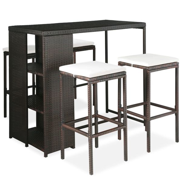 vidaXL 5 Piece Garden Bar Set with Cushions Poly Rattan Brown