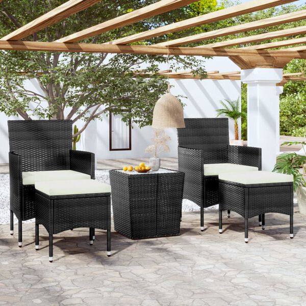 vidaXL 5 Piece Garden Bistro Set Poly Rattan and Tempered Glass Black