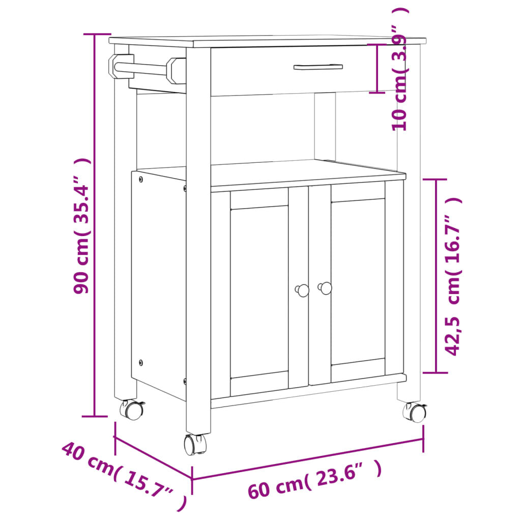 vidaXL Kitchen Trolley MONZA 60x40x90 cm Solid Wood Pine