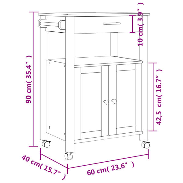 vidaXL Kitchen Trolley MONZA 60x40x90 cm Solid Wood Pine