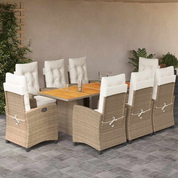 vidaXL 9 Piece Garden Dining Set with Cushions Beige Poly Rattan