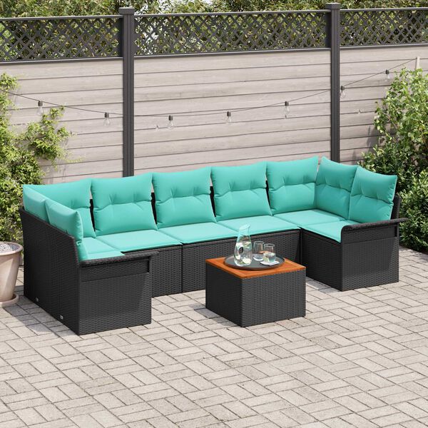 vidaXL 8 Piece Garden Sofa Set with Cushions Black Poly Rattan Acacia