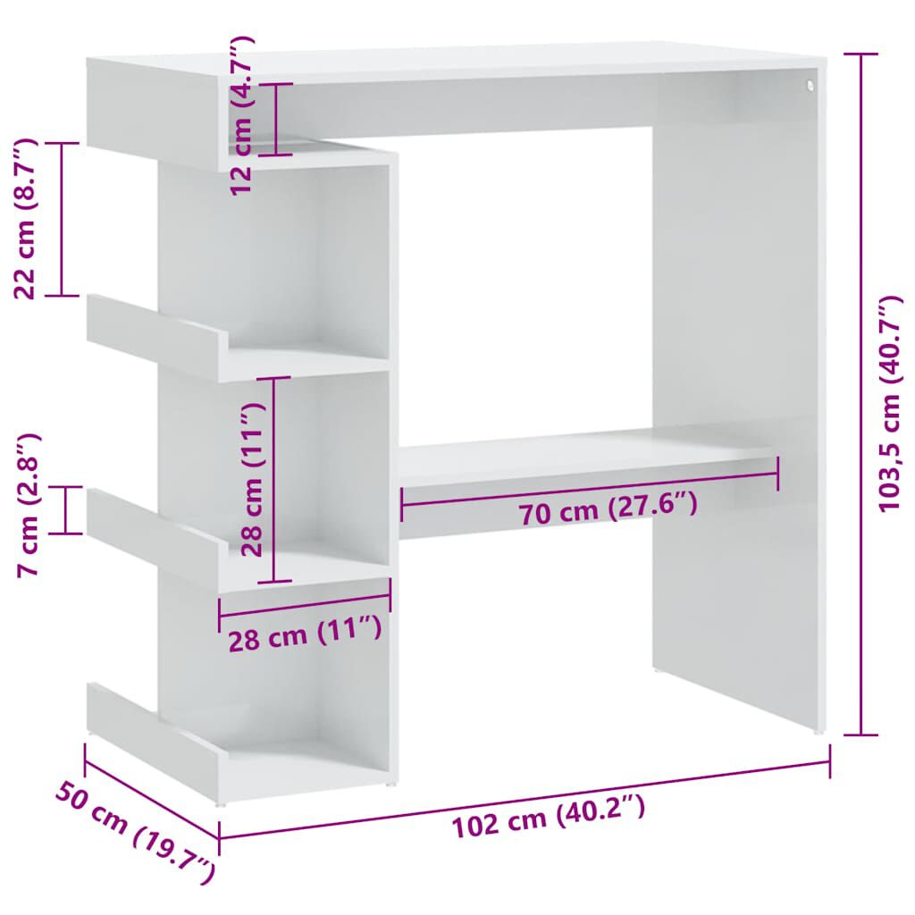 vidaXL Bar Table with Storage Rack High Gloss White 100x50x101.5 cm