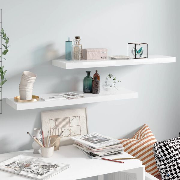 vidaXL Floating Wall Shelves 2 pcs High Gloss White 90x23.5x3.8 cm MDF