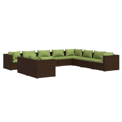 vidaXL 10 Piece Garden Lounge Set with Cushions Brown Poly Rattan