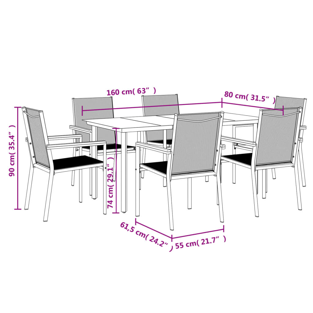 vidaXL 7 Piece Garden Dining Set Black Textilene and Steel