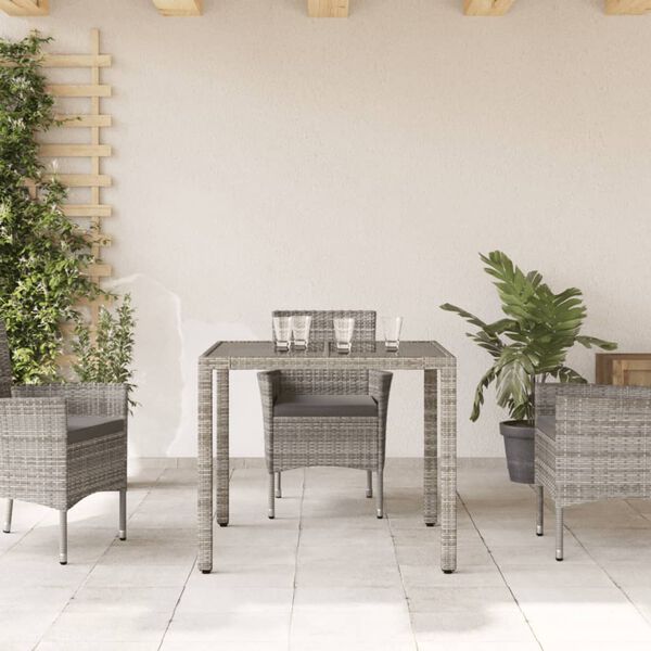 vidaXL Garden Table with Glass Top Grey 90x90x75 cm Poly Rattan