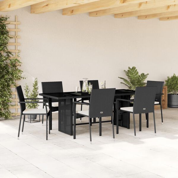 vidaXL 7 Piece Garden Dining Set with Cushions Black Poly Rattan