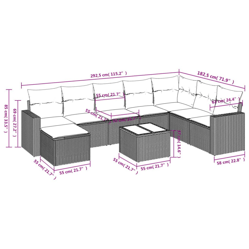 vidaXL 9 Piece Garden Sofa Set with Cushions Brown Poly Rattan