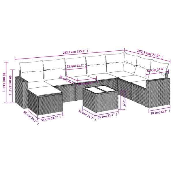 vidaXL 9 Piece Garden Sofa Set with Cushions Brown Poly Rattan
