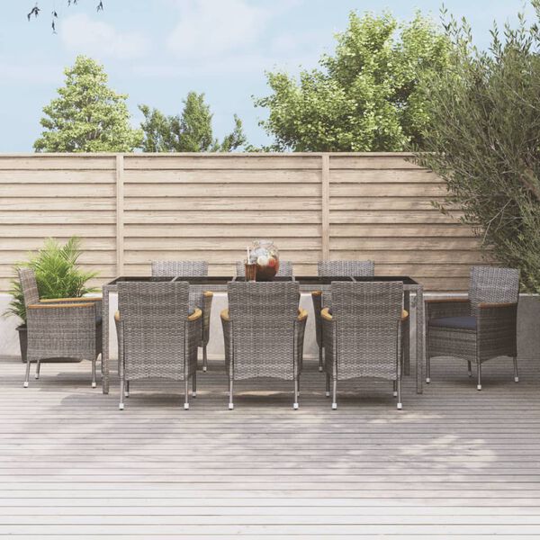 vidaXL 9 Piece Garden Dining Set with Cushions Grey Poly Rattan