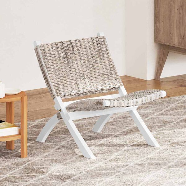 vidaXL Relaxing Chair White Natural Kubu Rattan and Solid Mahogany Wood