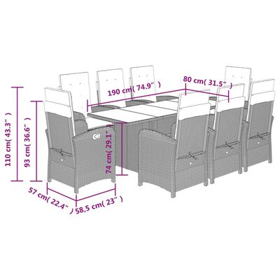 vidaXL 9 Piece Garden Dining Set with Cushions Grey Poly Rattan