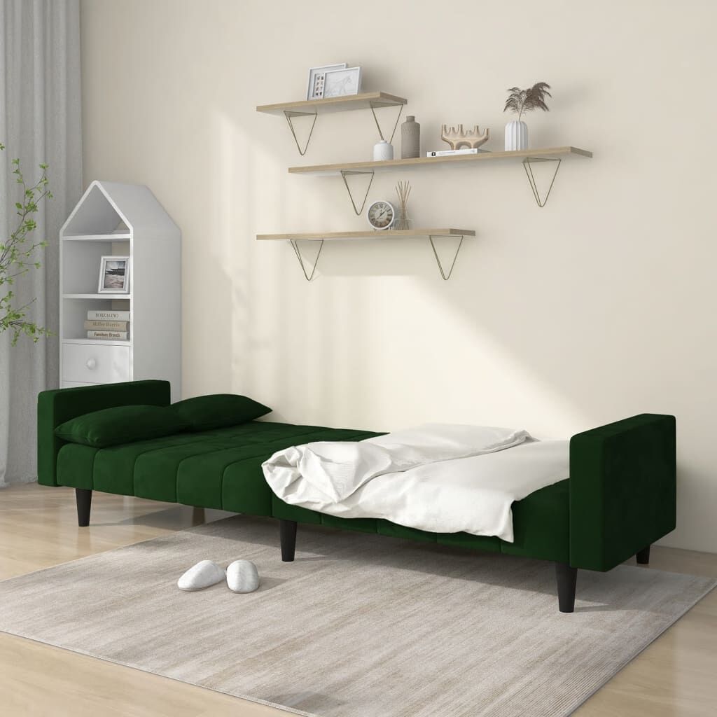 vidaXL 2-Seater Sofa Bed with Two Pillows Dark Green Velvet