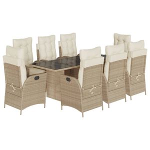 vidaXL 9 Piece Garden Dining Set with Cushions Beige Poly Rattan