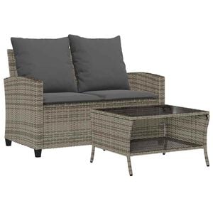 vidaXL Garden Sofa 2-Seater with Cushions&Table Grey Poly Rattan