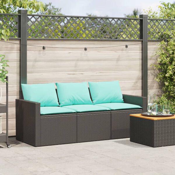 vidaXL Garden Sofa with Cushions 3-Seater Black Poly Rattan