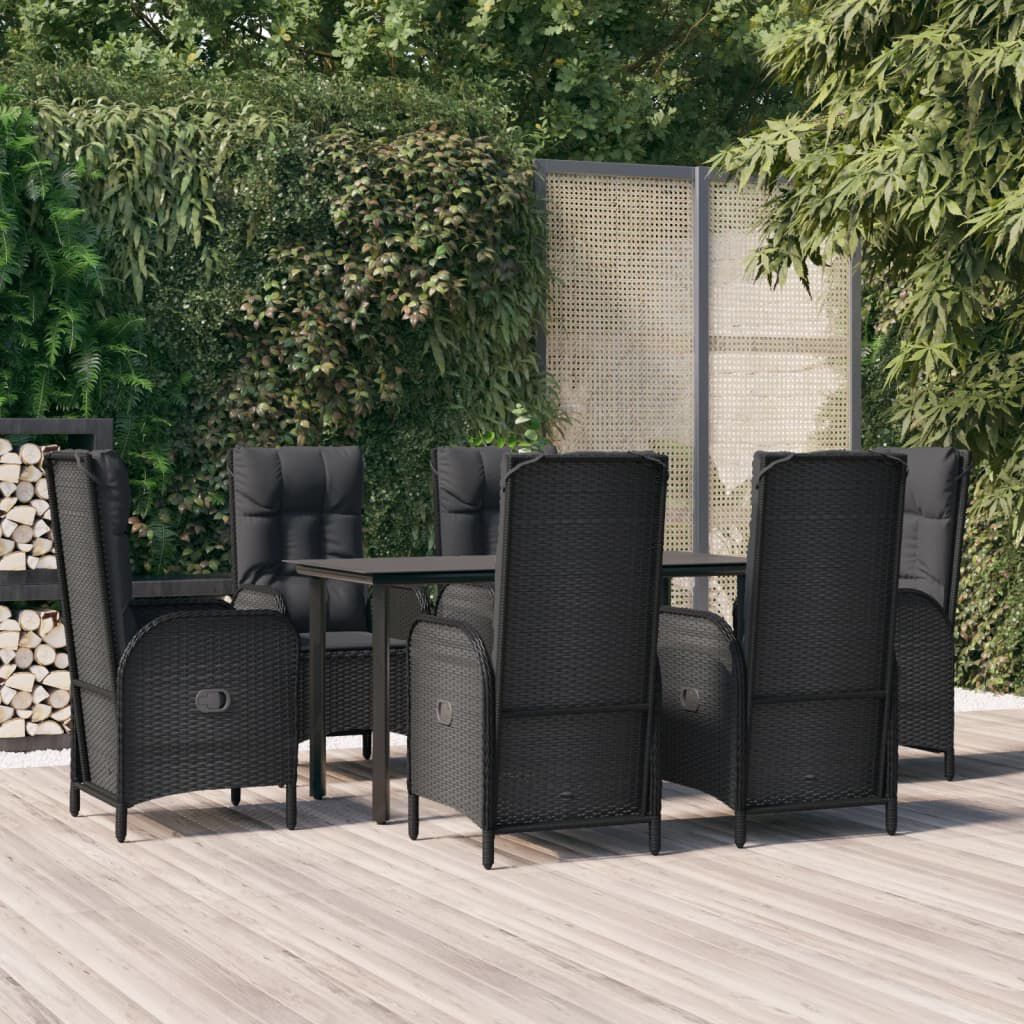 vidaXL 7 Piece Garden Dining Set with Cushions Black Poly Rattan