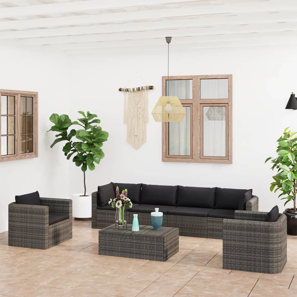 vidaXL 7 Piece Garden Lounge Set with Cushions Poly Rattan Grey