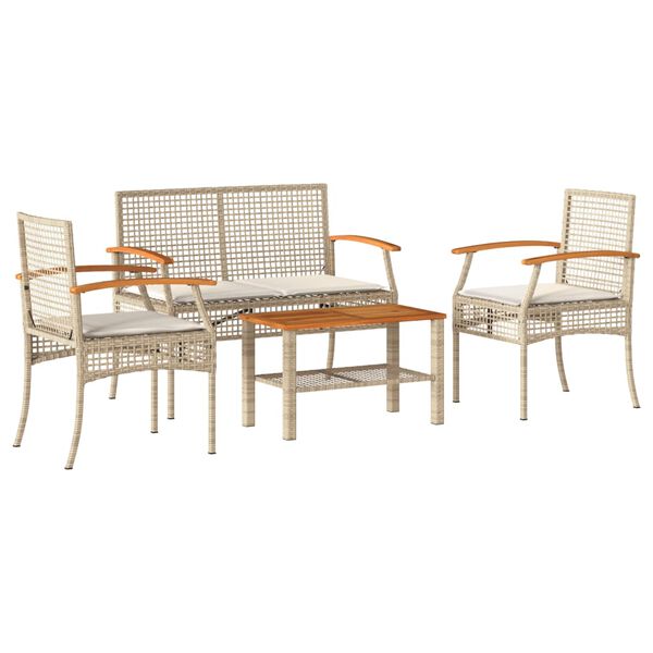 vidaXL 4 Piece Garden Lounge Set with Cushions Beige Poly Rattan